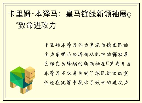 卡里姆·本泽马：皇马锋线新领袖展现致命进攻力
